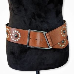 Vintage Avignon Made in USA Wide Leather Hip Belt Studded Brown Size Small